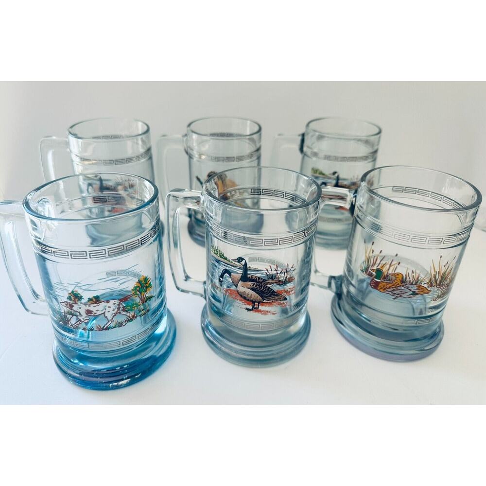 6 Princess House Colonial Beer Mugs_ Hunting Motif, no trim 14 Oz Blue Stein